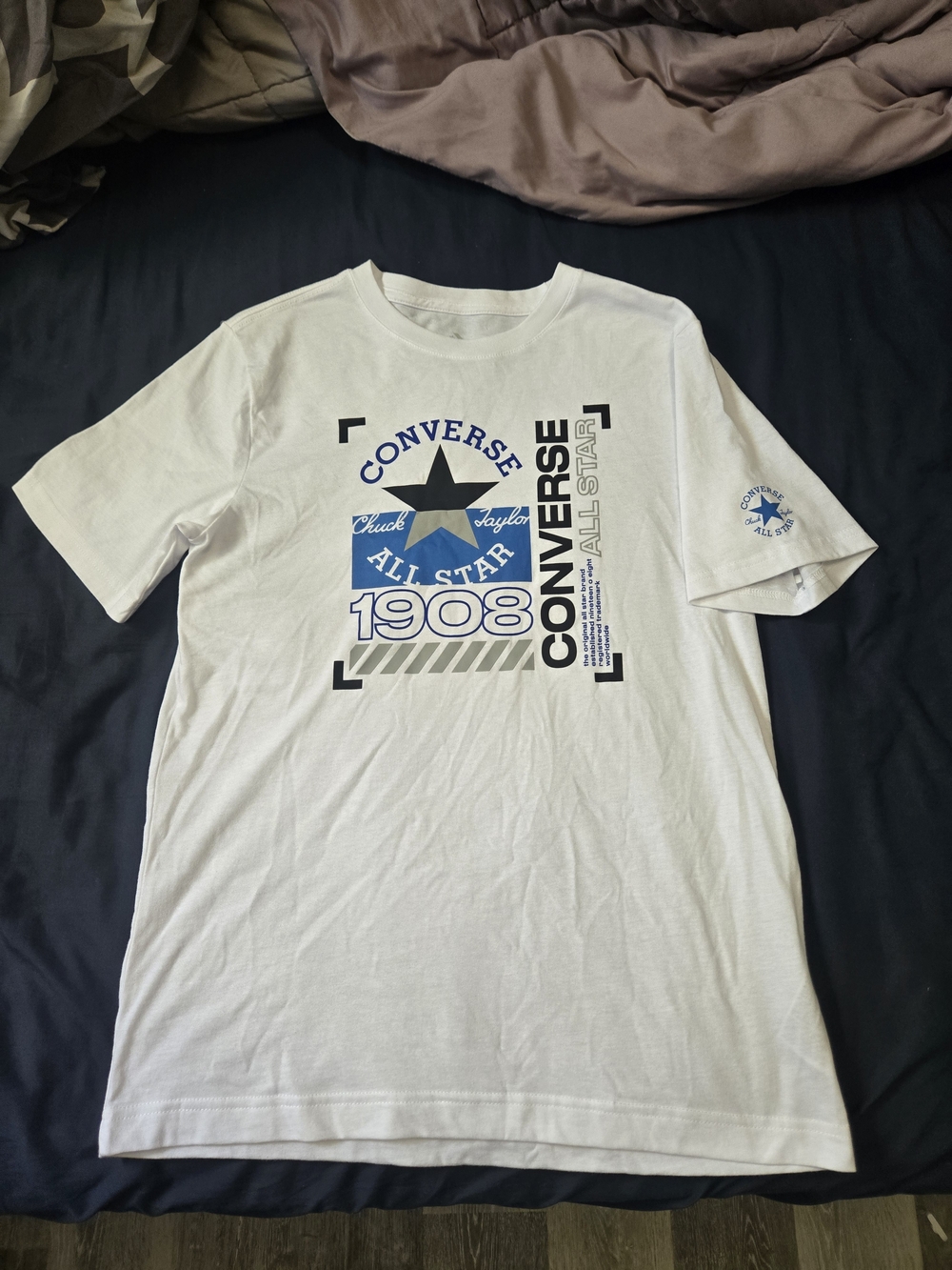 Converse White Short-Sleeve Graphic Tee with Blue & Black Logo